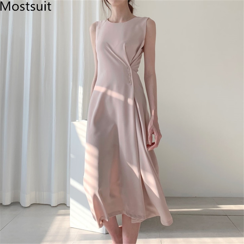 

Summer Korean Vintage Sleeveless Long Dress Women O-neck Buttons Pleated Dresses Party Fashion Elegant Ladies Vestidos 210518, Pink