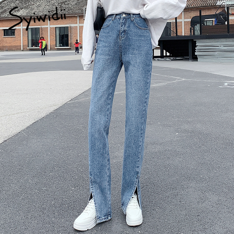

2011syiwidii women jeans black flare pants front side slit leg 2021 spring high waisted bell bottom jeans full length denim clothes, Blue