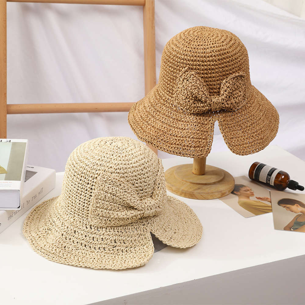 

Sun hat Straw women's hand hook Bow hat in spring and summer, Blue;gray