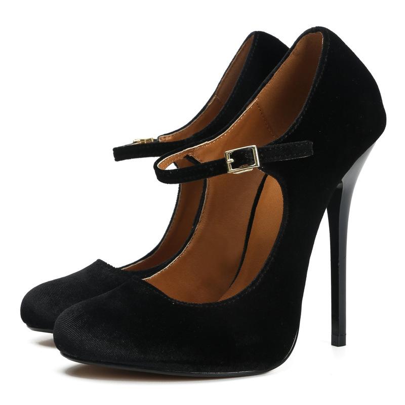 

Dress Shoes Women 13CM Thin High Heels Female Classics Basic Pumps Flock Buckle Strap Round Toe Fashion Party, Beige