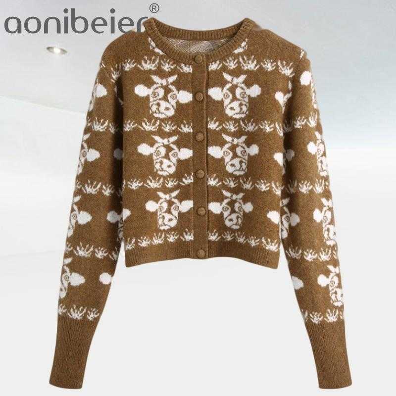 

Za Animal Jacquard Cropped Brown Sweater Women Cardigan Casual Ribbed Knit Long Sleeve Top Button-up Female Cardigans 210604