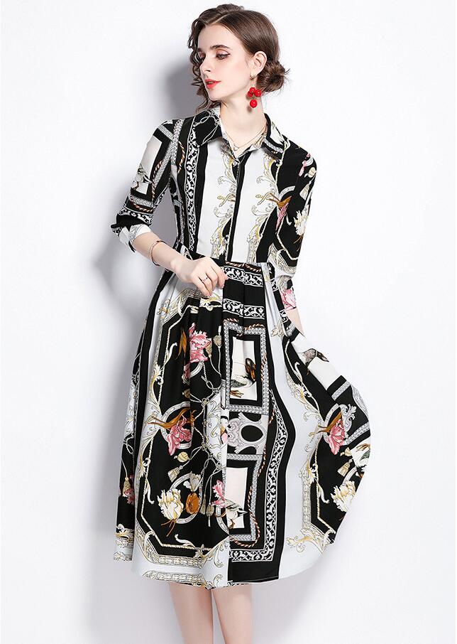 

Women's 2021 summer fashion European and American style classic flower printed dress cross-border lapel neck 3/4 sleeves waist mid-length, As the picture