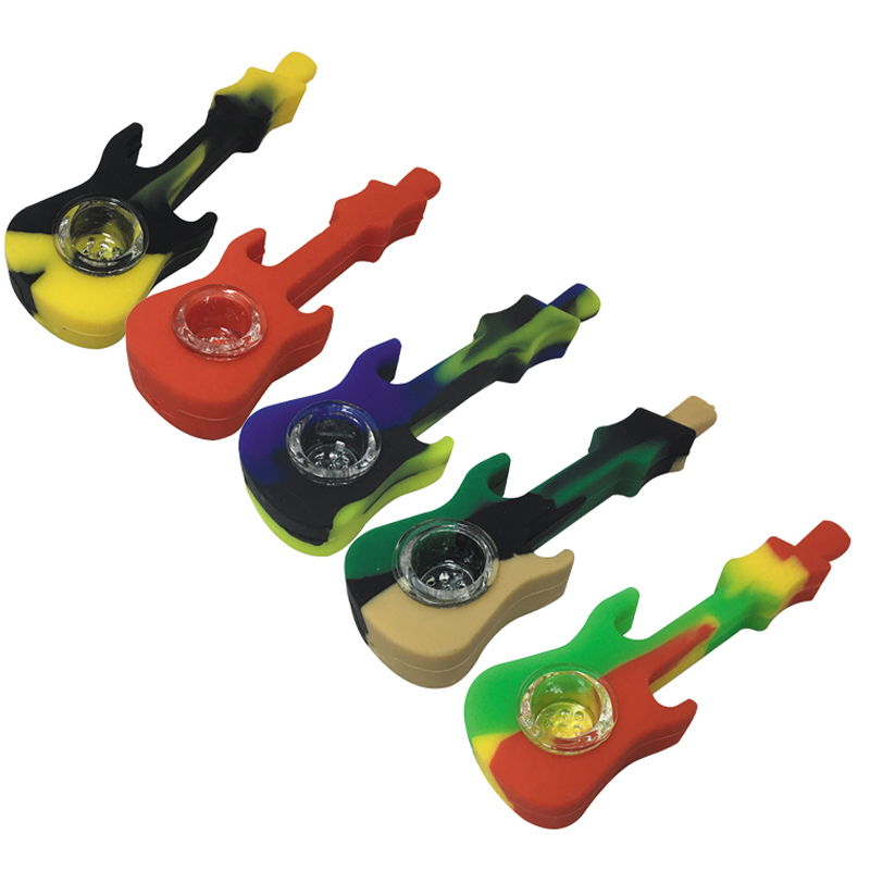 

Colorful Silicone Pipe Tobacco For Water Bongs Guitar Shape Unbreakable Hand Pipes Smoking Accessories 100 Pcs/lot