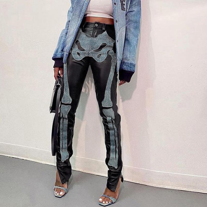 

Women' Pants & Capris Faux PU Leather Skeleton Women Patchwork Denim Skull High Waist Long Trousers Ladies Gothic Side Split Zipper Pencil, Black