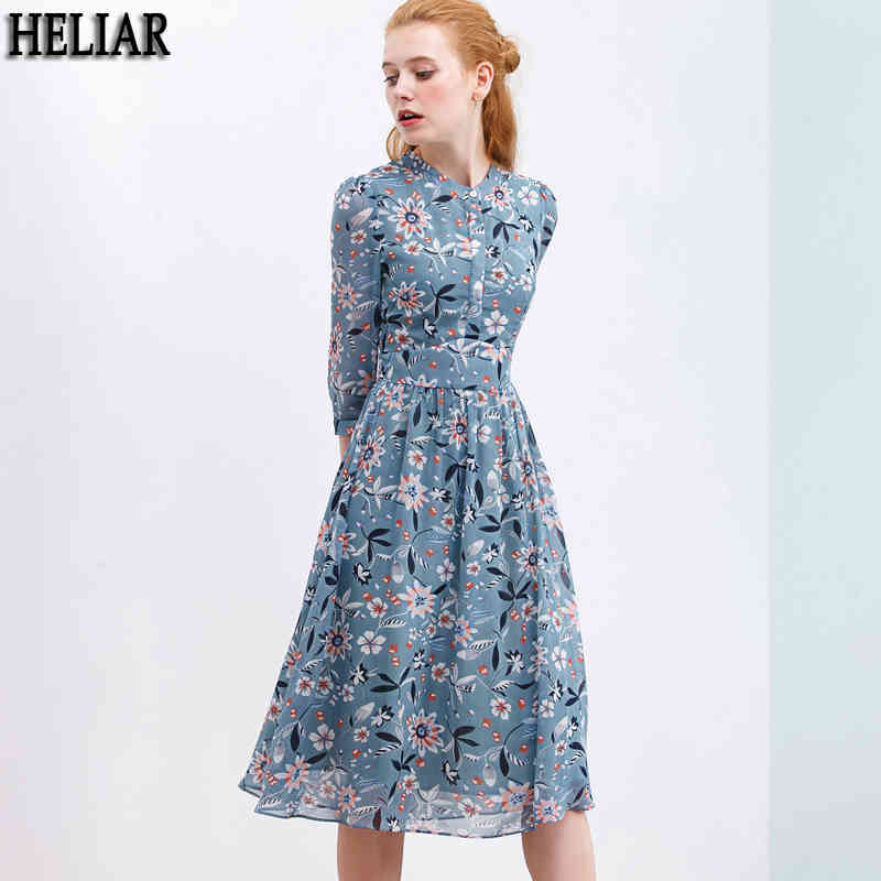 

Spring Floral Print Chiffon Dress For Women Blue Buttoned Up Casual Knee Vestidos Transparent 210518
