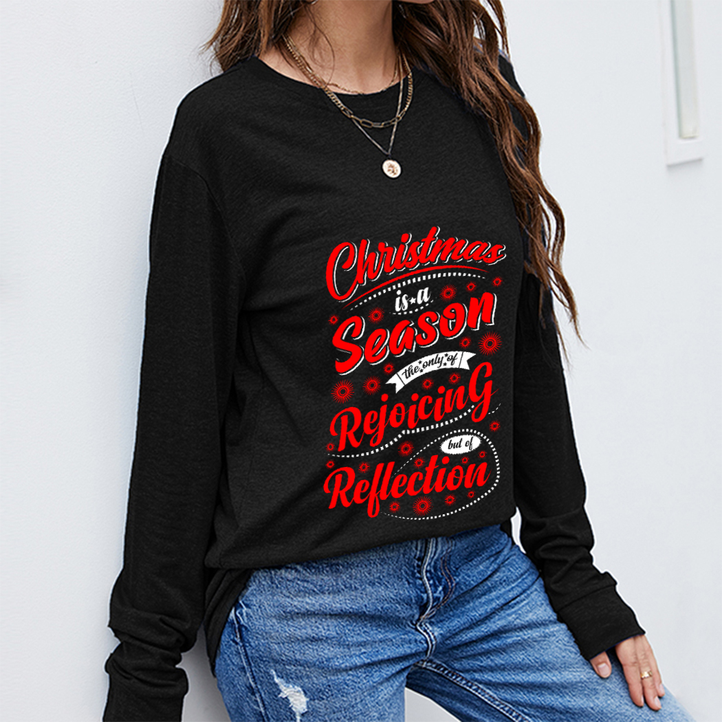 

Women T-shirt Tops Autumn Winter Clothing Girls Long Sleeve Round Collar Pullovers Christmas Pattern English Letters Printing Casual Sport Loose Street Wear Tees, Black 1