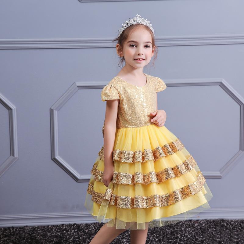 

Girl's Dresses 5 8 Year Sequined Princess Dress For Girl Cake Mesh Open Back Two Bow Kids Girls Elegant Party Wedding Clothes, Red;yellow