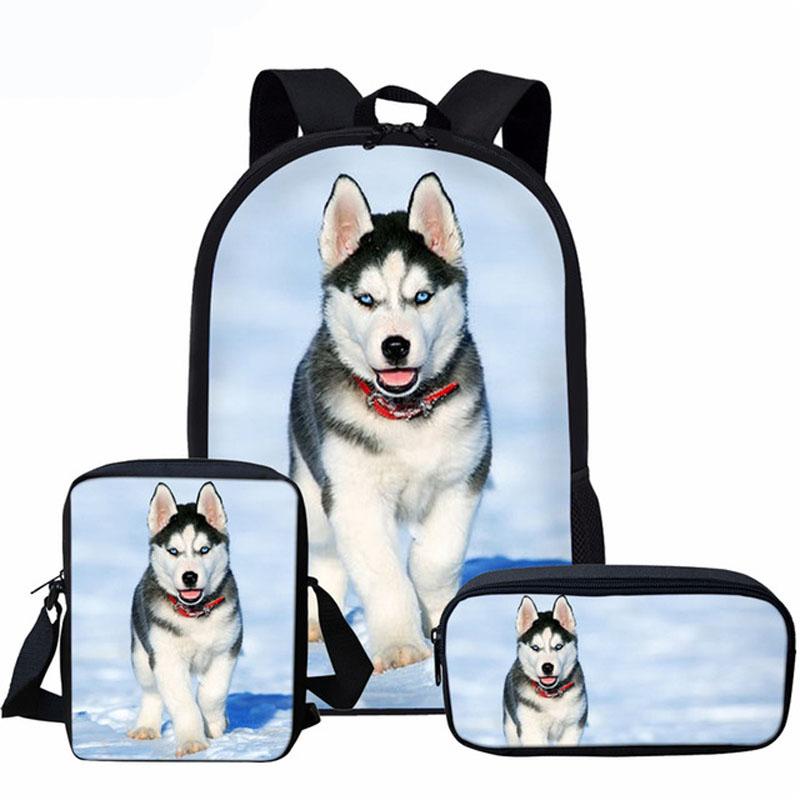 

School Bags Funny 3D Dog Husky Print Boys Girls Backpack Set For Teenagers Middle Student Book Shoulder Bag Kids Bagpack