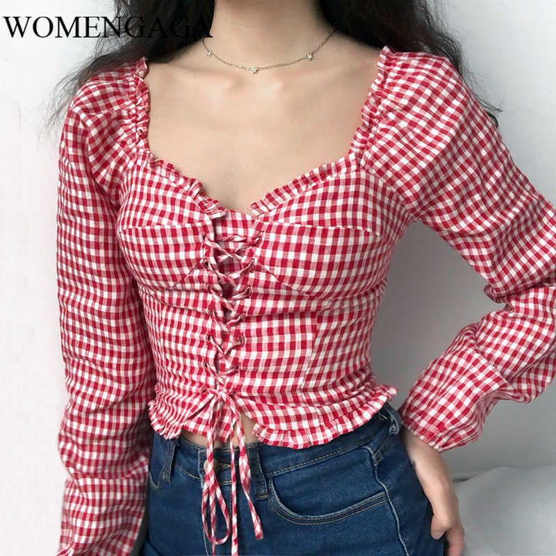 

Summer Fashion Plaid Tops Vintage Women Sweetheart Neck Lace Shirt Check Blouse Girl Female CGGF 210603, White