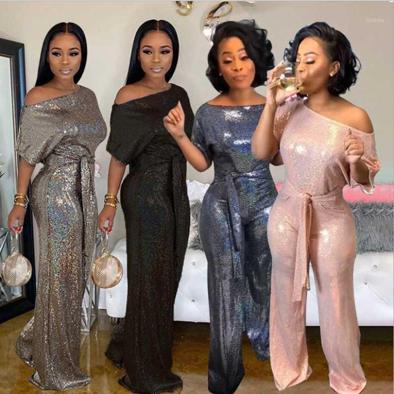 

Women's Jumpsuits & Rompers Elegant Super Laser Sequins Women Slash Neck Short Sleeve Wide Leg Casual Sequined 2021 Overalls, Black