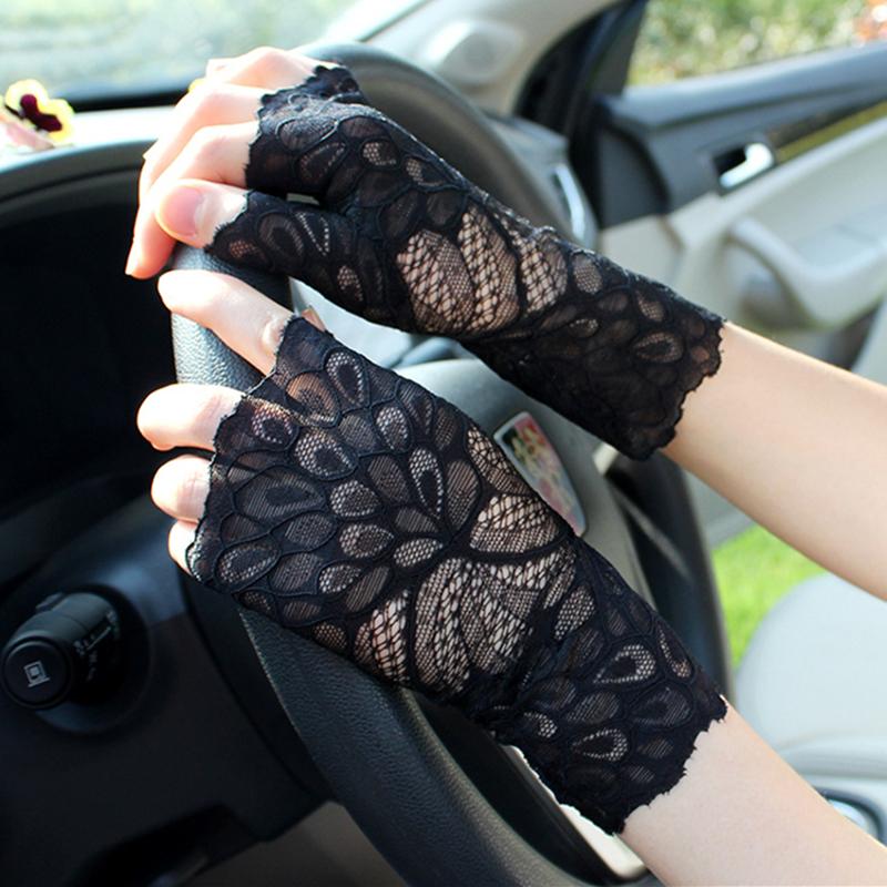 

Five Fingers Gloves Summer Sexy Lace For Women Short Wrist Mitten Fingerless Sun Protection Driving Black Dance Female