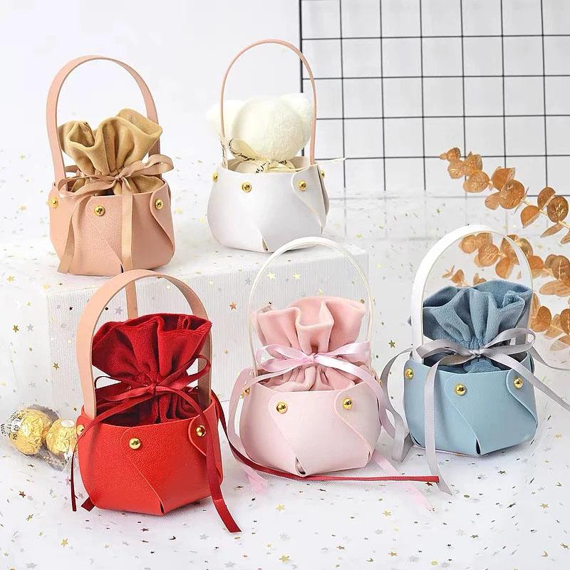 

Gift Wrap Hand-held Cortex Candy Box PU Leather Nordic Packaging Handbag Bag Storage Sugar Jewelry Wedding Christmas Party Supplies