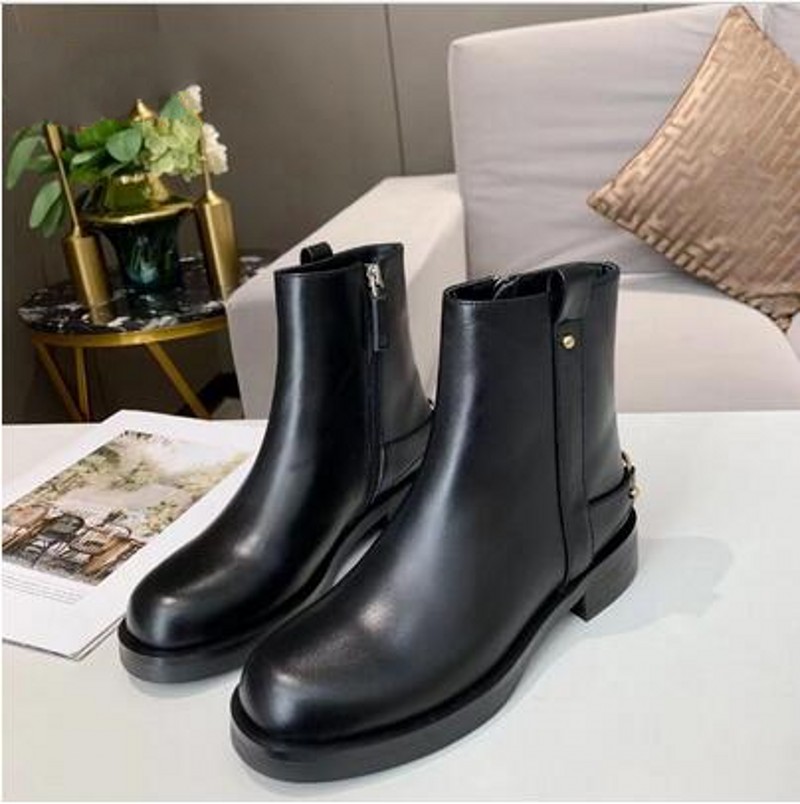 

Genuine leather Metal Zipper Boots Flat heel Fashion Ankle Boost Martin Booties Autumn Winter Moto Boot, Black
