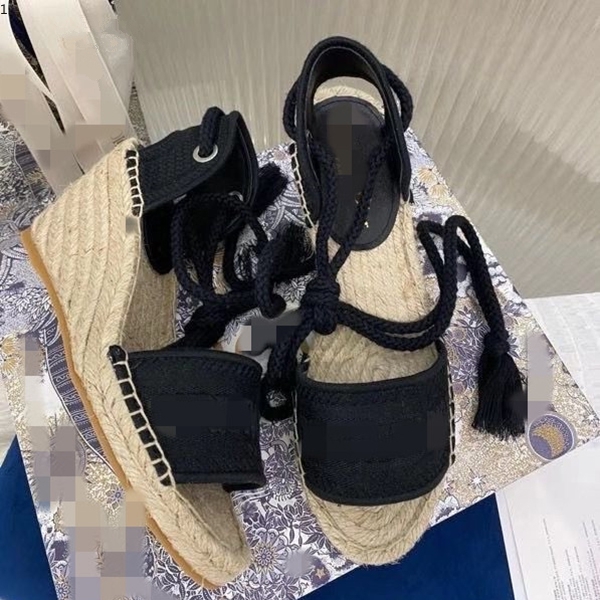 

Fashion designer style ladies canvas thick bottom straw fisherman weave wedge summer beach embroidery strap high heel hm878425