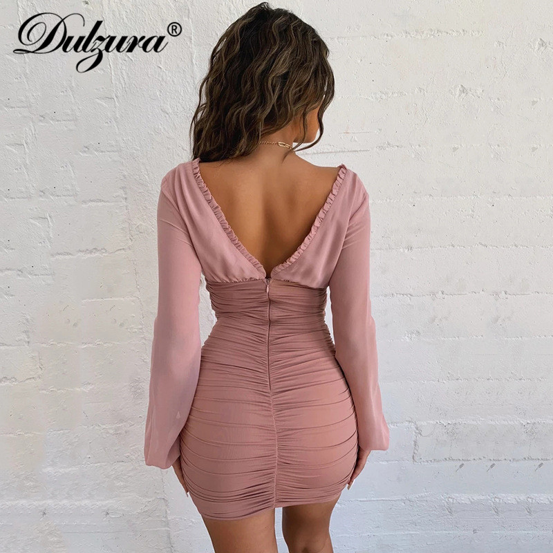 

2021 autumn winter women mini dress long sleeve dstring ruffle bodycon clothes party elegant dinner mesh bandagehigh quality, Black;gray