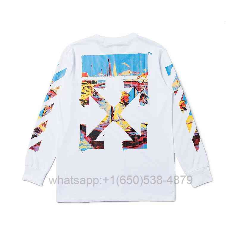 

Men's Tshirts Tops Tide Off Whild White 19ss Oil Painting Arrow Round Neck Long Sleeve T-shirt Monet and Women's Loose H1W4