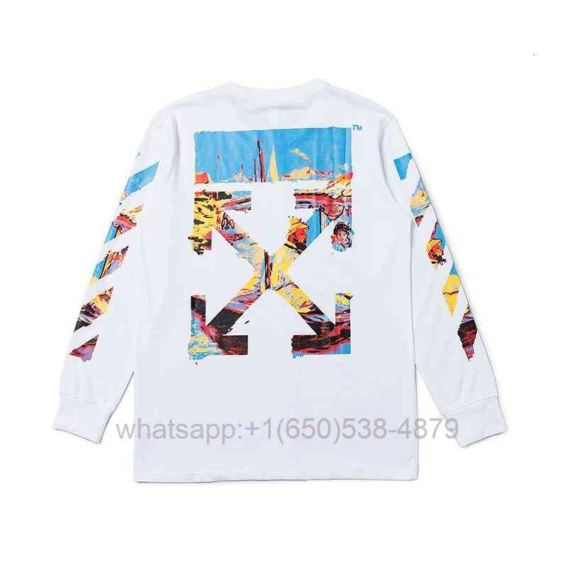 

Men's Tshirts Tops Tide Off Whild White 19ss Oil Painting Arrow Round Neck Long Sleeve T-shirt Monet and Women's Loose H1W4