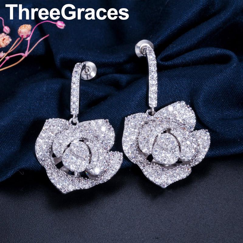 

Dangle & Chandelier ThreeGraces Cubic Zirconia Pave Rose Flower Crystal Big Drop Earrings For Women ER038, Silver