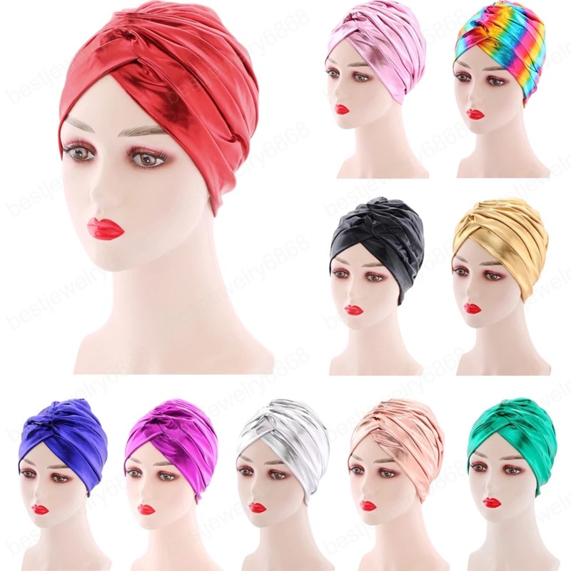 

African Shinny Glitter Women Hijab Caps Muslim Stretch Turban Indian Hat Islamic Underscarf Bonnet Hair Loss Chemo Beanie Covers, Mixed color