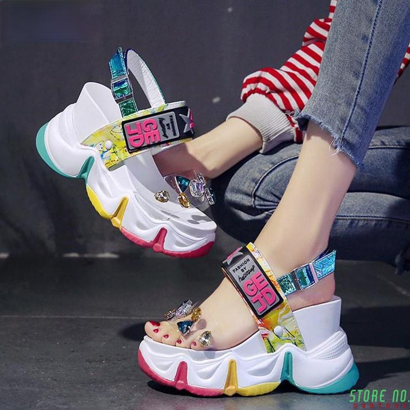 

Women Summer Wedge Sandals Transparent PVC Crystal Chunky Platform Shoes Woman Rainbow Thick Bottom Sandalias Dress, Black