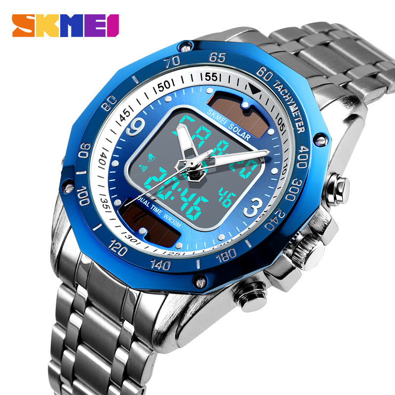 

Solar Men Military Sport Watches Men's Digital Quartz Clock Full Steel Waterproof Wrist Watch relojes hombre 2019 SKMEI X0524, Blue