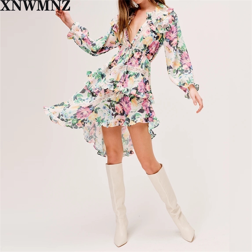

Women Chic Fashion With Lace Floral Print Asymmetrical Mini Dress Vintage Long Sleeve Drawstring Female Dresses 210520, Multi