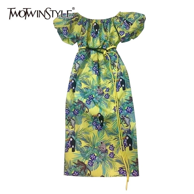 

Print Elegant Dresses For Women Slash Neck Puff Short Sleeve High Waist Sashes Midi Female Summer 210520, Blue