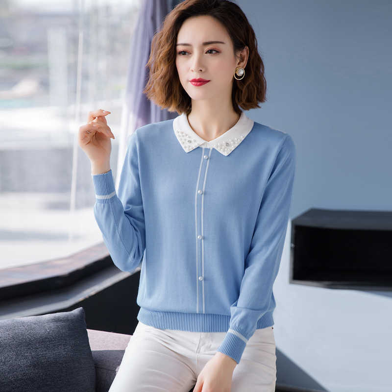 

basic V-neck chic Office Sweater Pullover Women winter autumn Female beading sweater loose long sleeve casual sweater 210604, Black