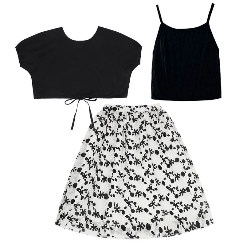 

Teenage Girls Clothing Sets Kids Outfits Children Clothes Child Suits Wear Summer Dress Loose Short-Sleeved Bottoms T-shirts Casual Tank Tops Skirts 3Pcs B6857, Black