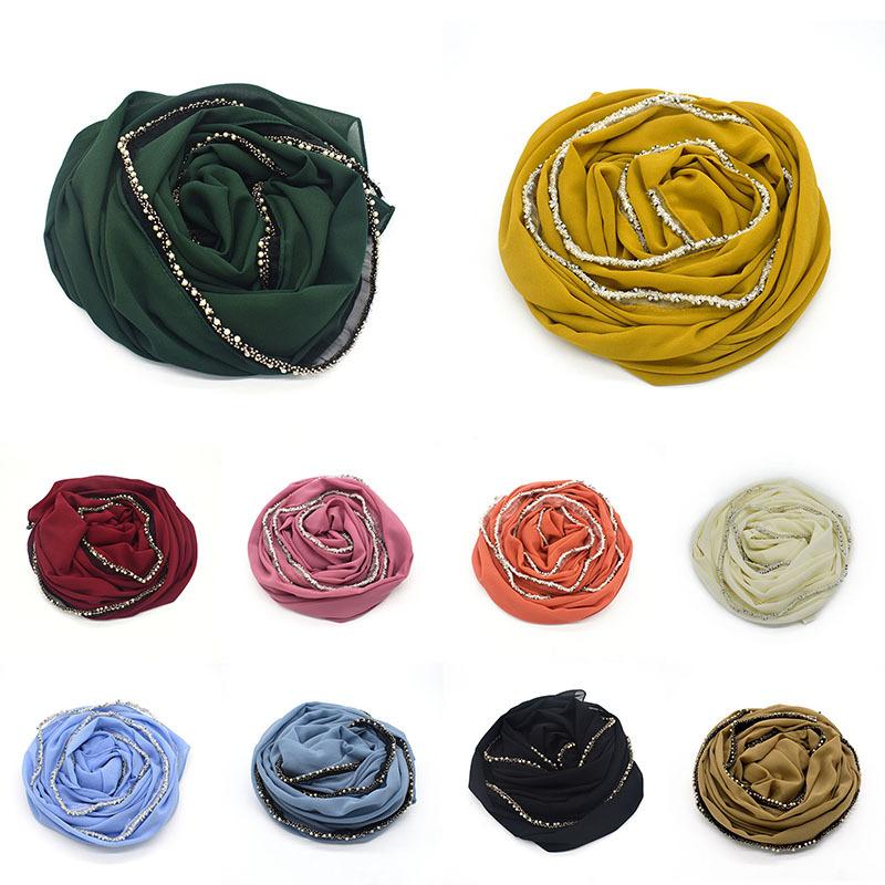 

Scarves 2021 Fashion Round Bead Chain Chiffon Scarf Pure Color Malay Indonesia Turban Hijab For Women Ladies