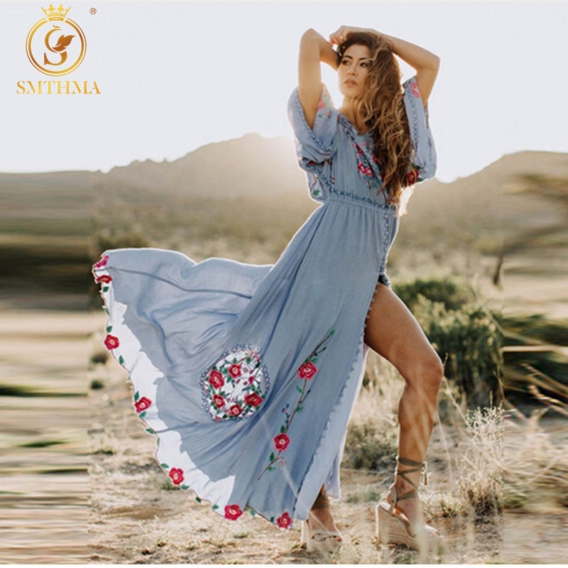 

Arrival Floral Embroidery Bohemian Maxi Dress Female Casual People Beach Dresses Vestidos 210520, Picture color