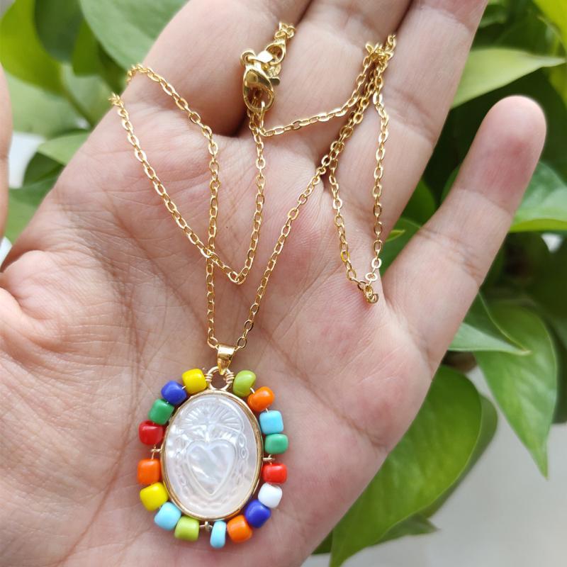 

Pendant Necklaces 2021 Promotion! Natural Sacred Heart & Guadalupe San Benito Mother Pearl Necklace Grace Angel For Women Gift