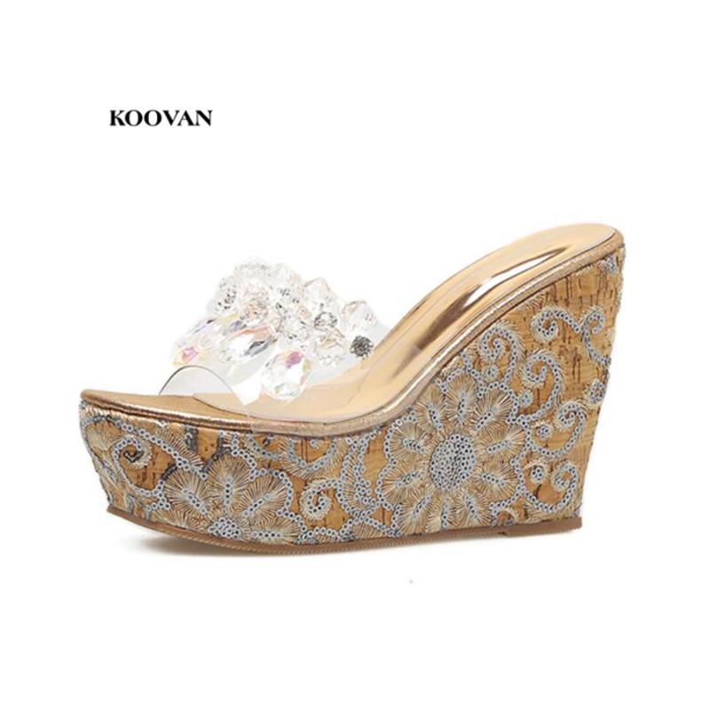 

Dress Shoes Koovan Women Pumps Slipper 2021 Summer Rhinestone Beads Slope With Thick Bottom Slippers Waterproof Women's Sandals, Black