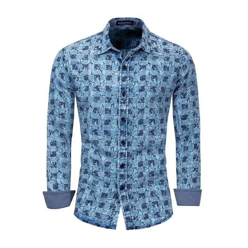 Men&#039;s Casual Shirts Camisa Social Masculina Long Sleeves Men Plaid Denim Cotton Fashion Streetwears Dark Blue/Light Blue Male Shir-image-704673765