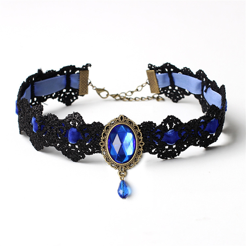 

Gothic Punk Style Choker Necklace For Women Black Lace Chunky Chain Colorful Gemstone Collar Necklaces Retro Women's Jewelry