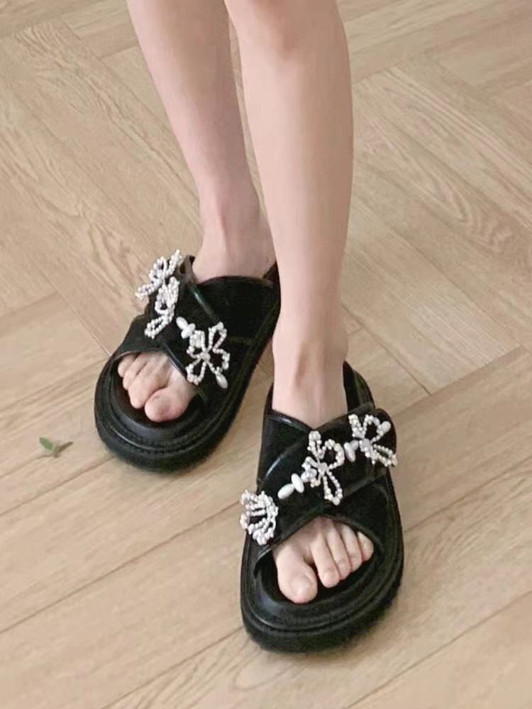 

stylishbox ~T21051802 BLACK flat slides sandals soft CROSS RHINESTONE genuine leather platform CRYSTALS FLOWERS PEARLS summer shoes casual slippers, Please check size before pay