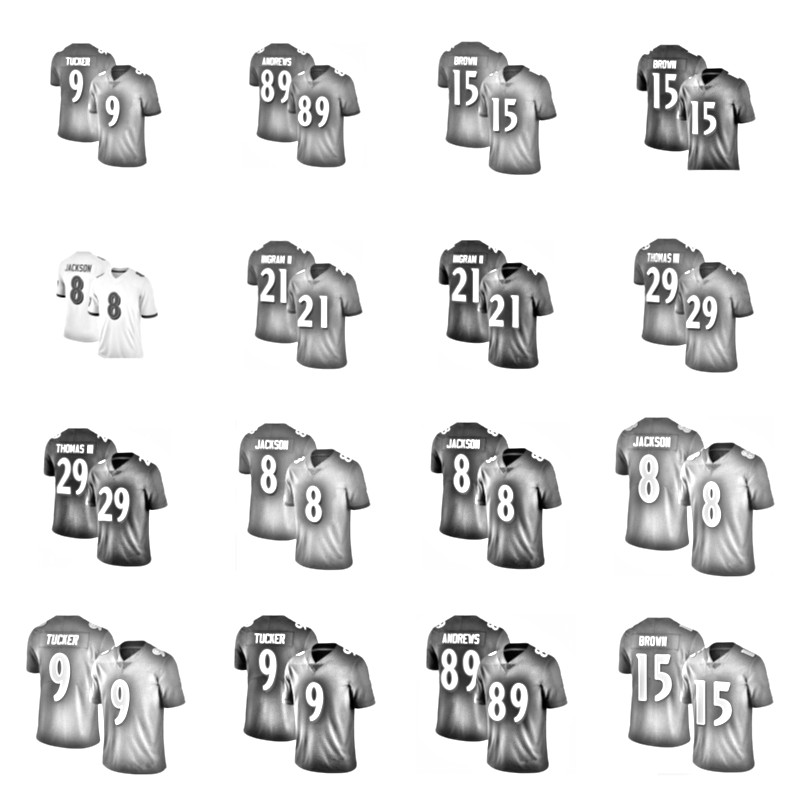 

2021 Football Jerseys 8 Jackson 9 Justin Tucker 89 Andrews 15 Marquise Brown 21 Mark Ingram II 29 Earl Thomas III, Black;red