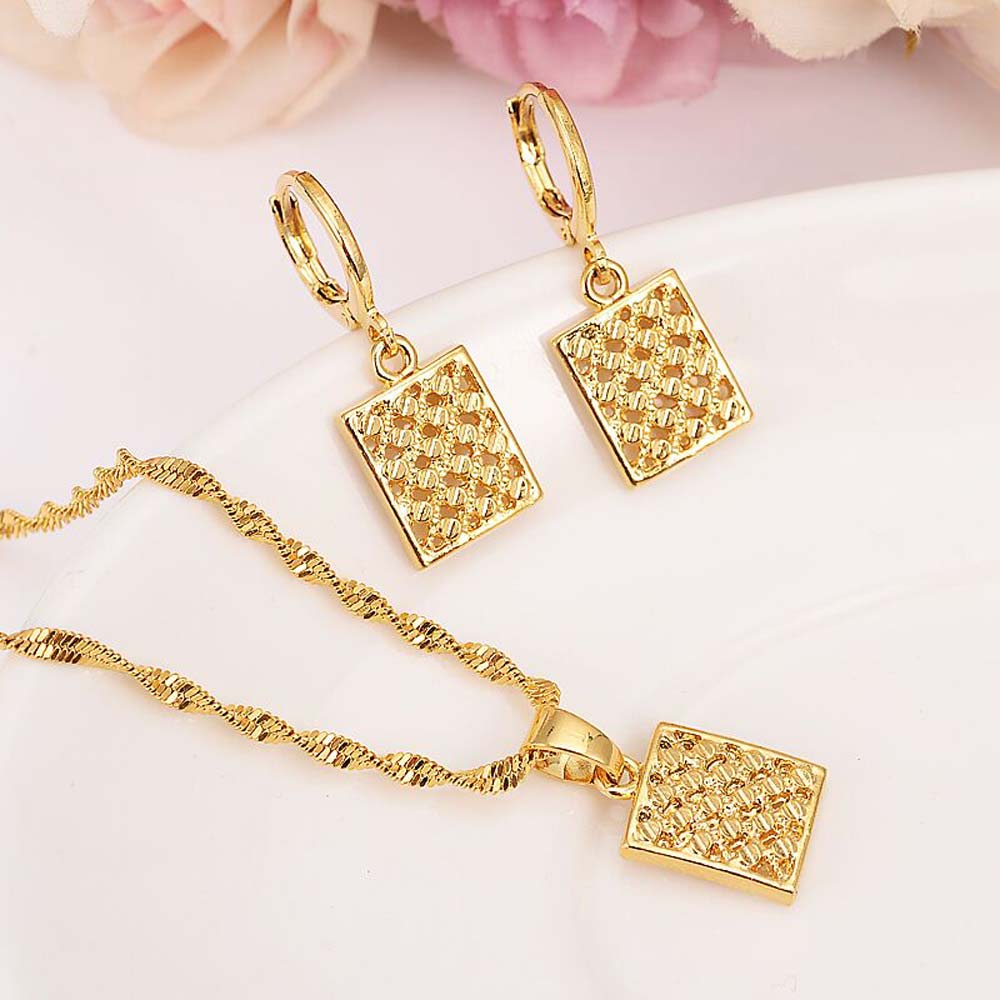 Fine Yellow18K Gold african Beads pane Pendant Earrings Initial Chain Women Necklace bridal girl brand Jewelry-image-678653955