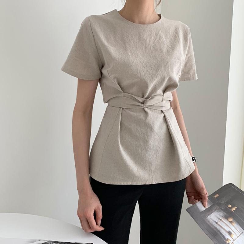 

Women's Blouses & Shirts Temperament Minimalism All-match O Neck Short Sleeve Cotton Linen Blouse Women Slim Lace Up Waist Chic Tops Blusas, White