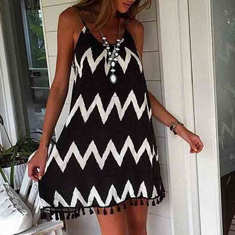 

summer dresses for women loose short wave backless dress tassel beach sling dress xxl robe femme, Black;gray