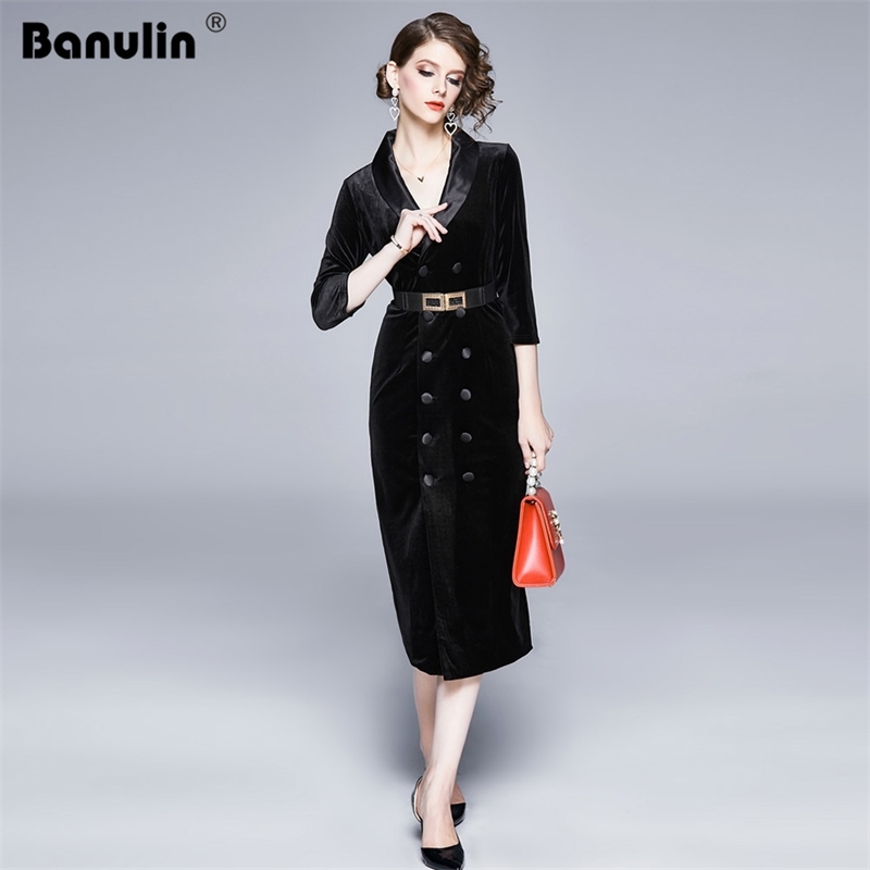 

Banulin Runway Spring Suit Collar Lapel Black Velvet Dress Women' Office Ladies Notched Dresses With Belt Vestidos 210603, Black (belt)