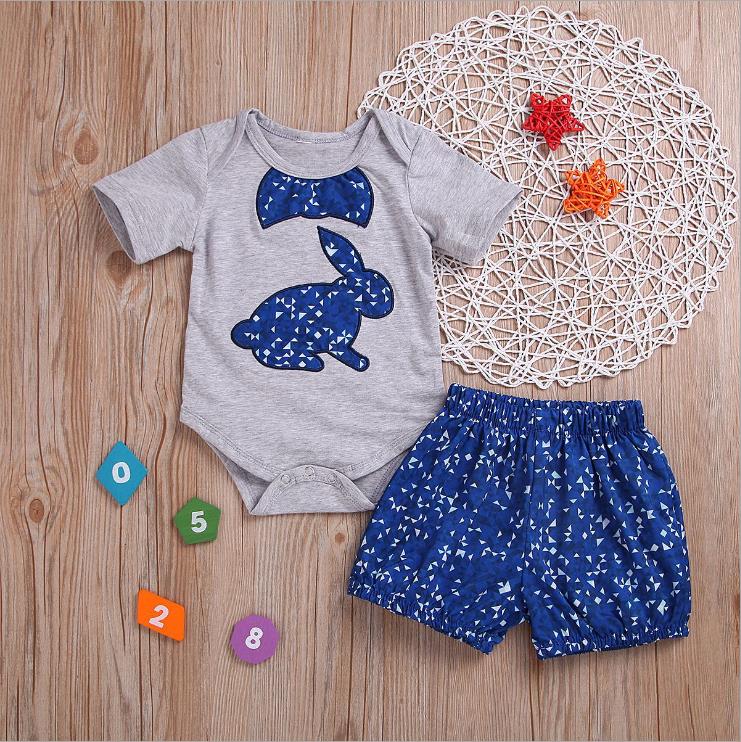 

Easter Baby Outfits Infant Boy Rabbit Romper Blue Shorts 2pcs Sets Short Sleeve Newborn Girl Playsuits Boutique Toddler Clothing DW5002, 1 lot=2pcs=romper+shorts