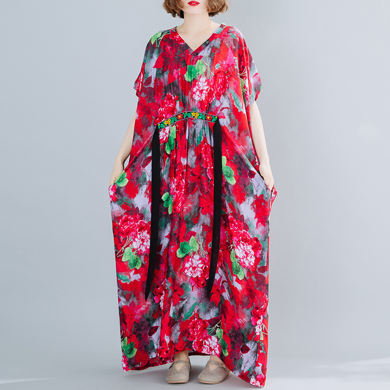 

Johnature Women Bandage Dresses Print Floral Red V-Neck Chinese Style Robes Summer Bat Sleeve Loose Women Vintage Dress 210521, Multi