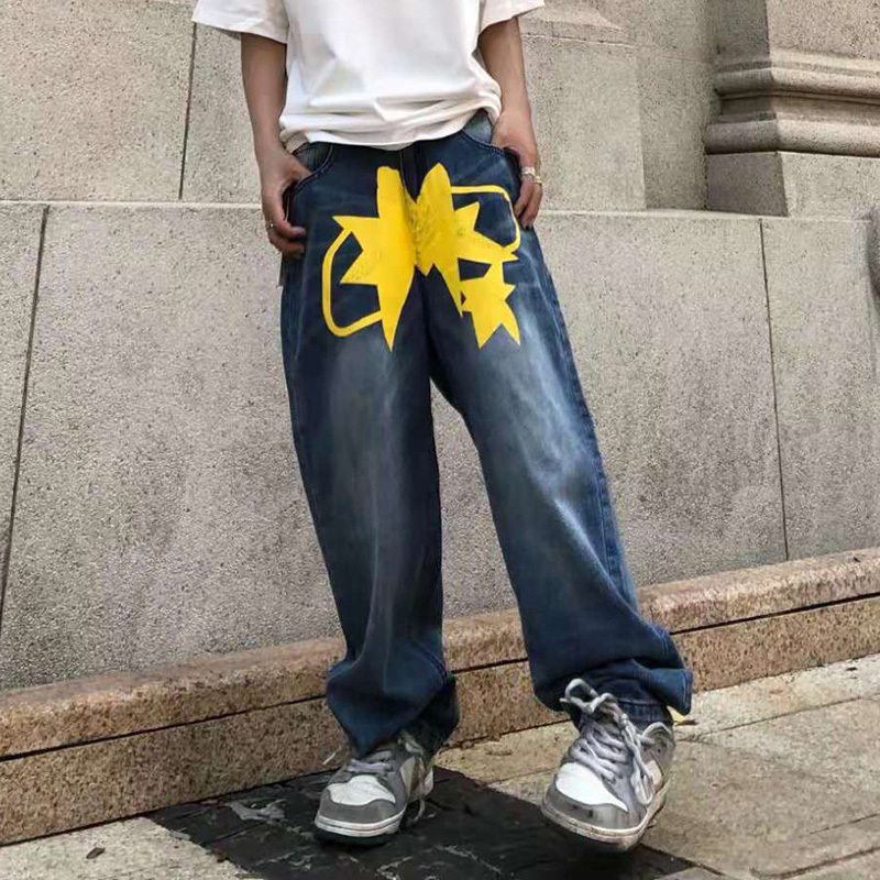 

men's jeans original shredded stars print card denim pants of men and women straight-line vibe high street retro torn jeans oversize lx, Blue