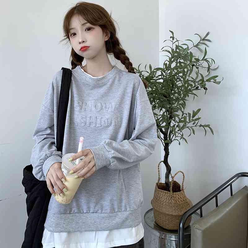 

2021 spring and autumn new concave convex letter fake two-piece women's middle long thin Korean loose round neck coat women, Purple