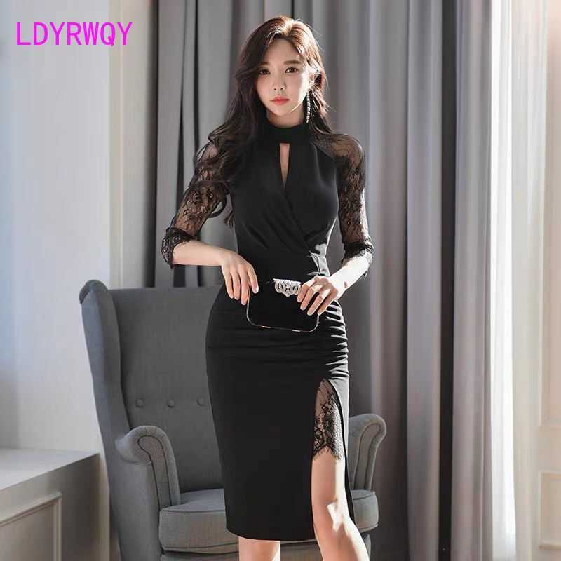 

spring style lace sexy waist professional dress Knee-Length Regular O-Neck Office Lady Cotton Sheath 210603, Black