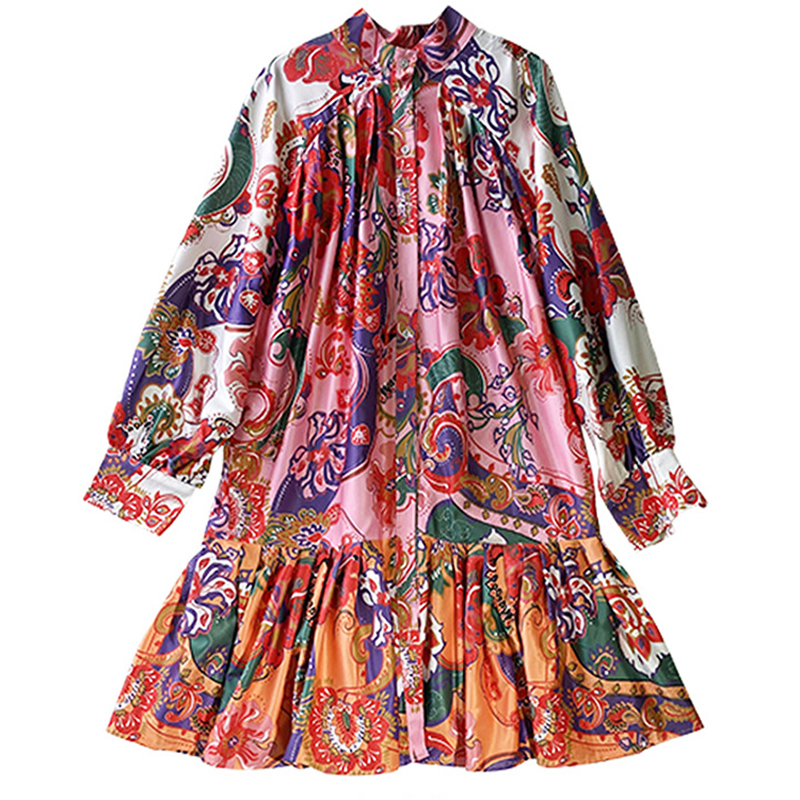 

Women's Runway Dresses Stand Collar Long Lantern Sleeves Floral Printed Ruffles Sash Belt Fashion Dress Vestidos, Black
