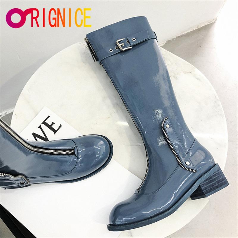 

Boots Orignice Big Size 33-42 Fashion Genuine Leather Knee High Women Round Toe Front Zipper Metal Decoration Party Shoes Blue, Black