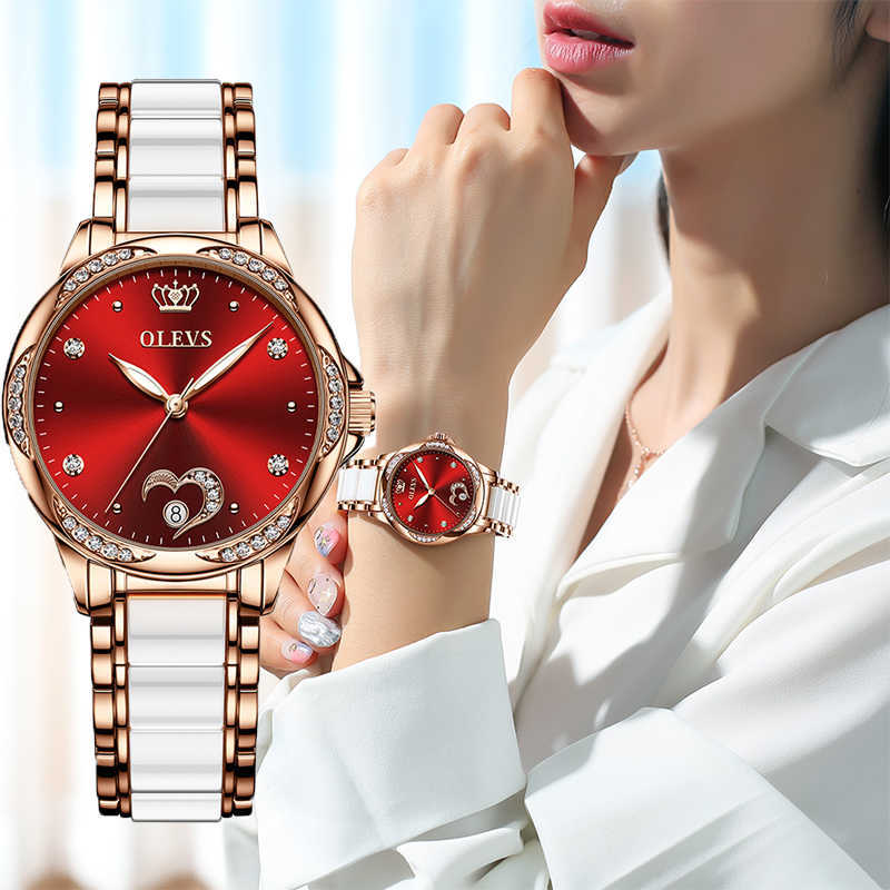 

OLEV watch Set Waterproof Automatic Mechanical Female Ceramic Gift for Wristes 210616, Red with a box