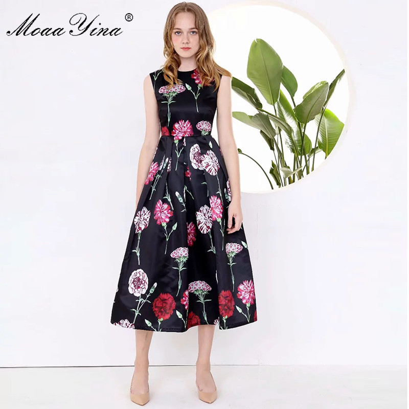 

Fashion Designer Runway dress Spring Summer Women Dress Vacation Elegant Slim Floral-Print Dresses 210524, Black